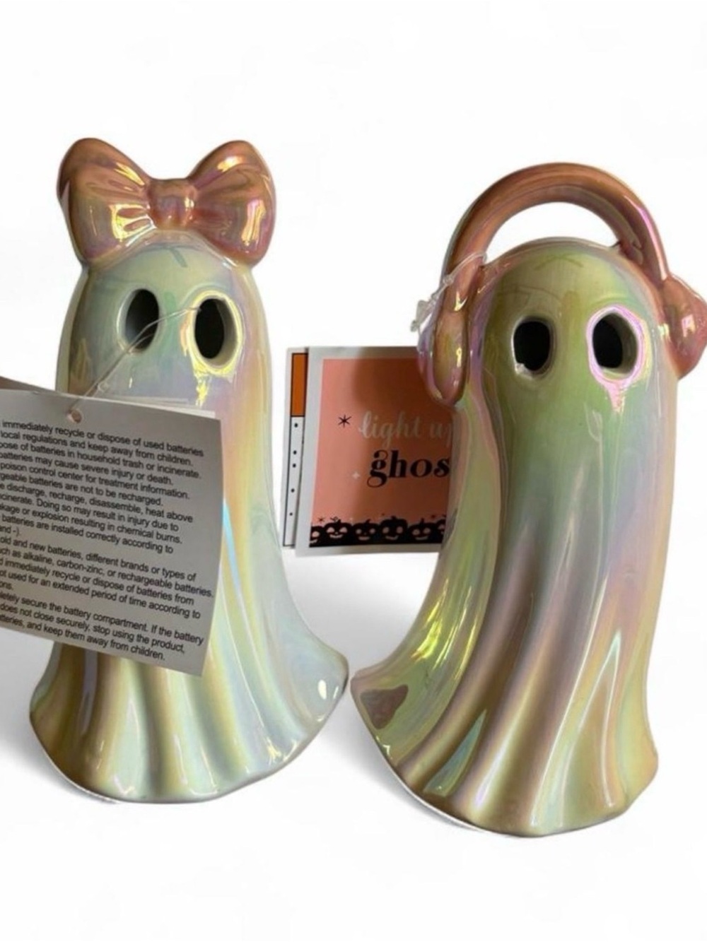 Iridescent Pink Accent Ceramic Ghost Figurine Set - Home Accents Decor